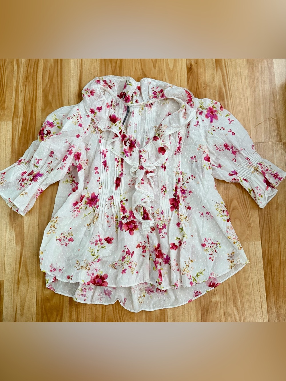 AnthropologieFloral Ruffle Pin Tuck Blouse - White with Pink Floral